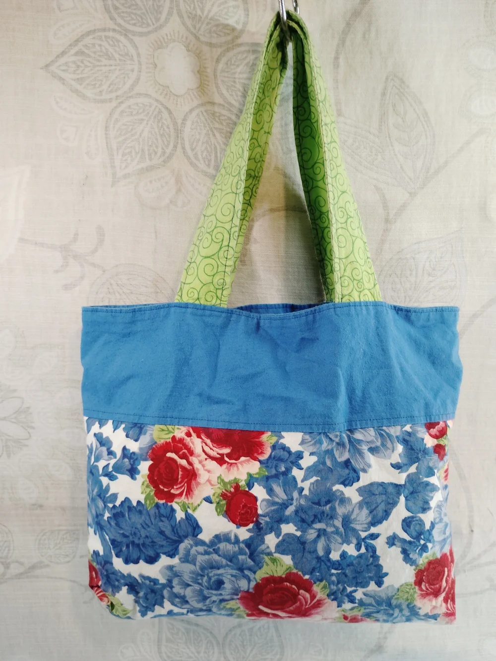 Floral Canvas Tote Bag with Blue Trim and Green Handles